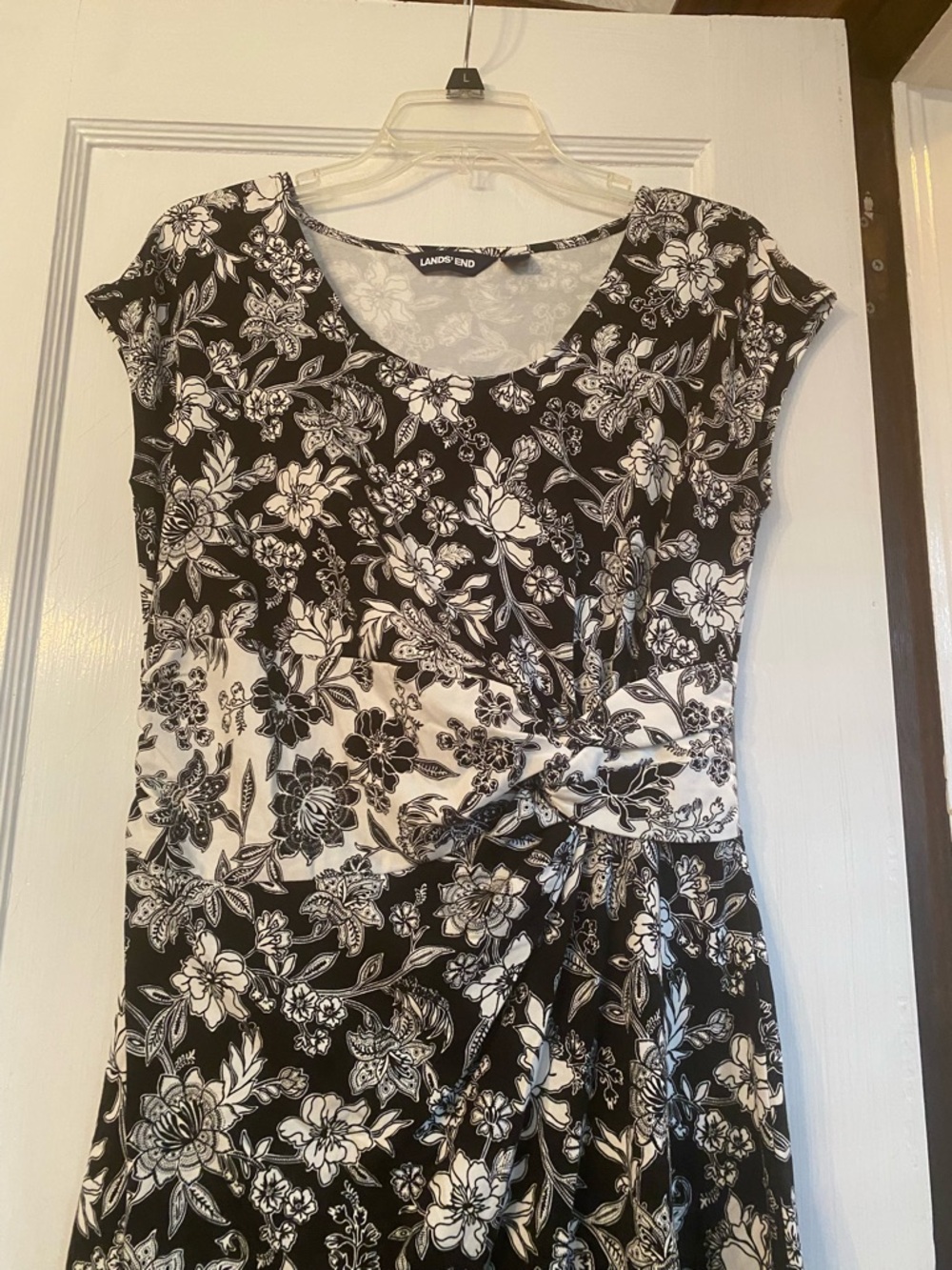 Lands' End Black + White Floral Fit+Flare Dress  17"W x 42"L has Stretch